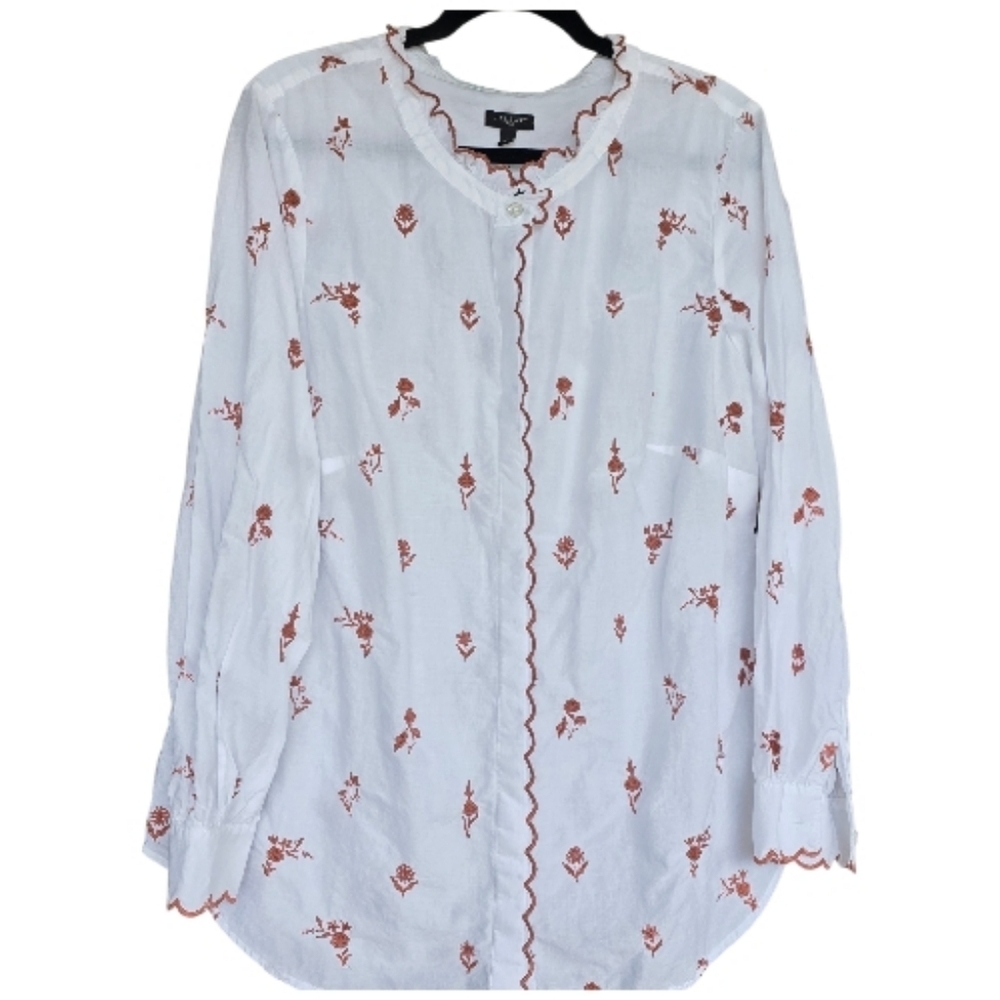 Talbots Floral Scallop Trim Brown Embroidered White Blouse 1X Chest 23" - Picture 2 of 7